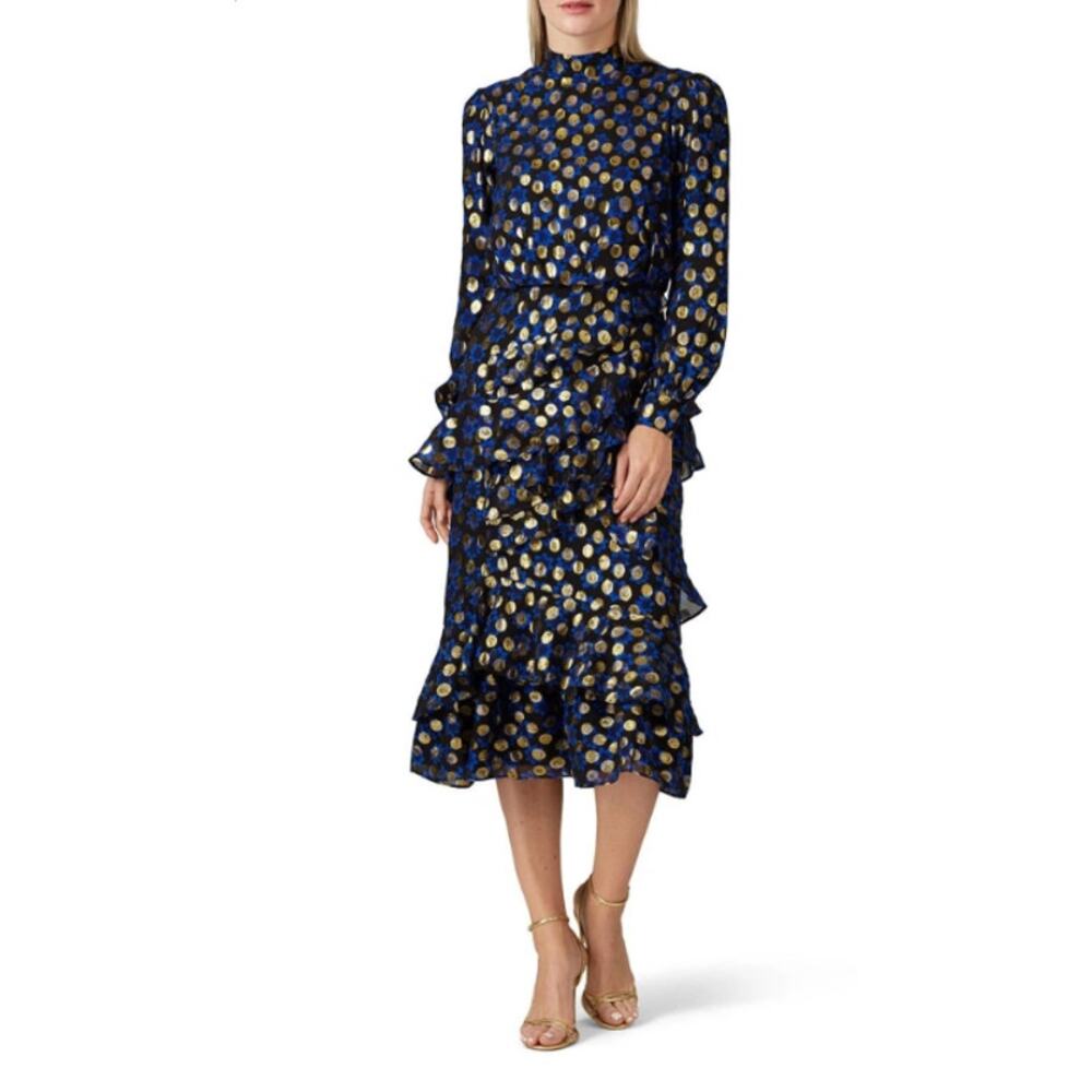 Saloni Womens Isa Ruffle Dress Knee Length Silk Velvet Polka Dots Black Size 0
